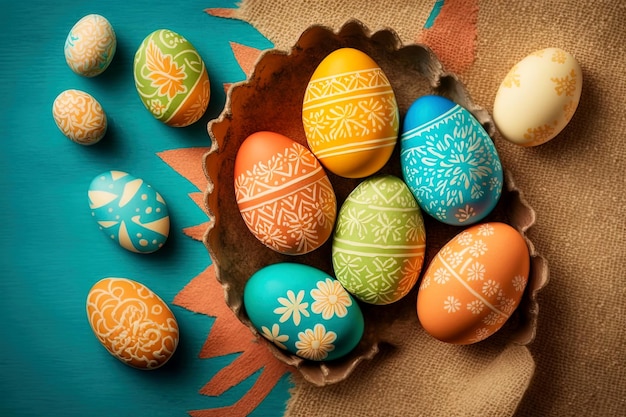 Uova di Pasqua con bellissimi motivi e colori visti dall'alto