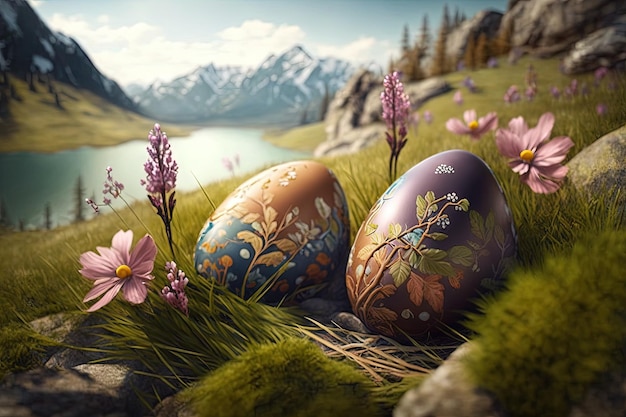 Uova di Pasqua con decorazioni seduti nell'erba in un ambiente montuoso