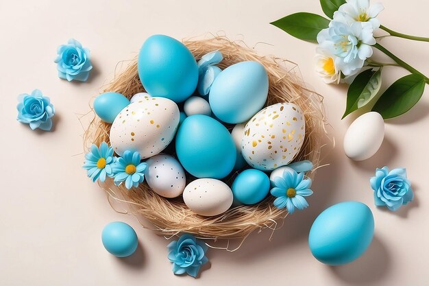 Uova di Pasqua con dolci e fiori su beige Concepto di Felice Pasqua Uova bianche e blu e nido carino con caramelle