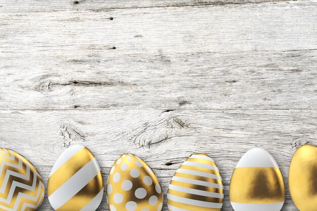 Uova di Pasqua con motivo oro su sfondo di legno Rendering 3D