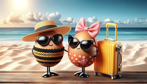 Uova di Pasqua con occhiali da sole e bagagli sulla spiaggia