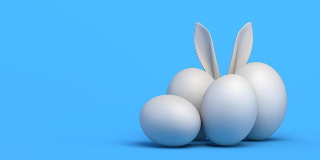 Uova di Pasqua con orecchie da coniglio nascoste Copia spazio illustrazione 3D