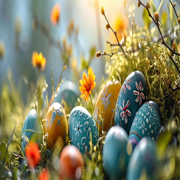 Uova di Pasqua dai colori vivaci in natura Concepto di Felice Pasqua