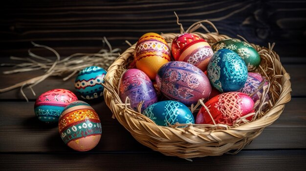 Uova di Pasqua decorate colorate in un cestino su un tavolo di legno