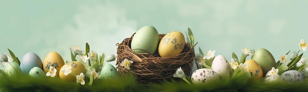 Uova di Pasqua decorate con fiori nell'erba Uova di Pasqua colorate nel cestino e sull'erba