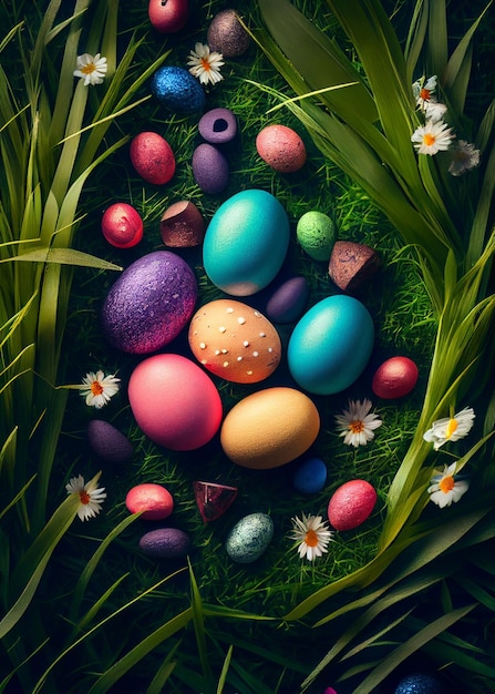 Uova di Pasqua decorate in erba sullo sfondo del cielo AI Generato