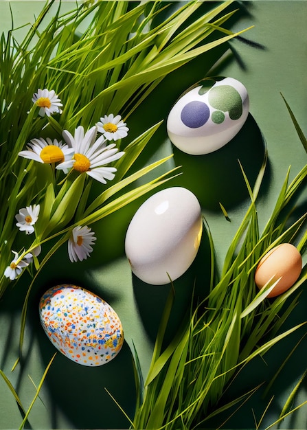 Uova di Pasqua decorate in erba sullo sfondo del cielo AI Generato
