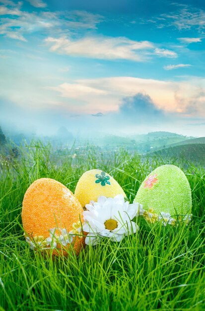 Uova di Pasqua decorate nell'erba su sfondo blu cielo