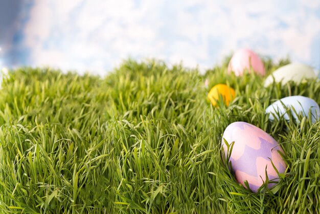 Uova di Pasqua decorate nell&#39;erba