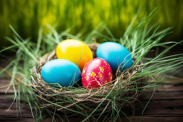 Uova di Pasqua decorative in erba su uno sfondo di legno