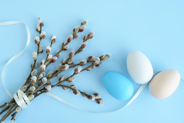 Uova di Pasqua del mazzo del salice della figa su un fondo blu bei rametti soffici della fioritura del salice