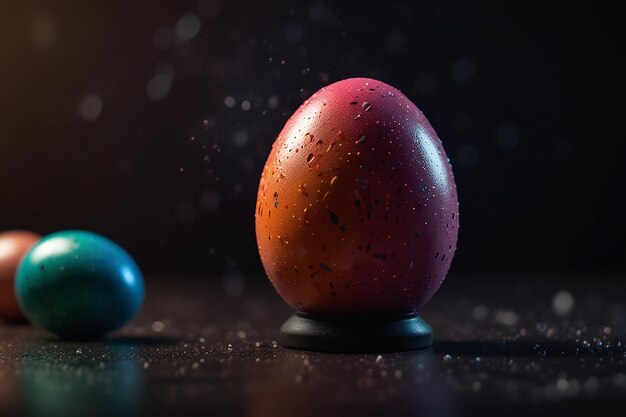 Uova di Pasqua di colori brillanti con particelle di luce sparse e scintillanti su uno sfondo scuro Vista anteriore con spazio di copia