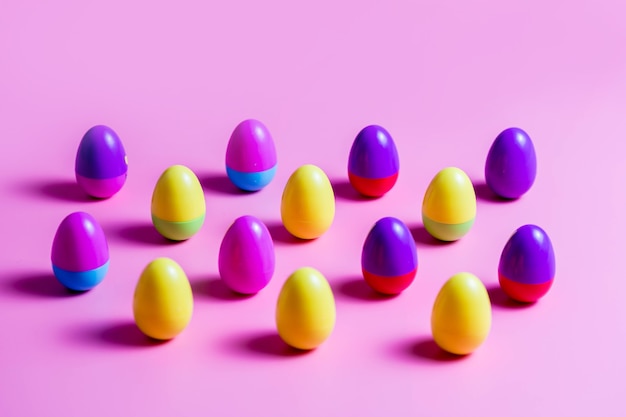 Uova di Pasqua di plastica colorate su sfondo rosa.
