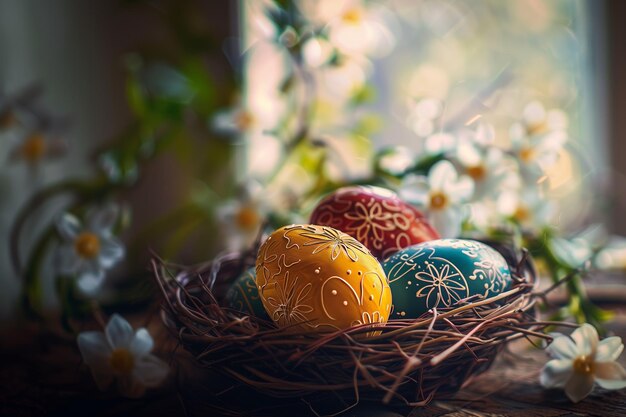 Uova di Pasqua di pollo decorate in un cesto di nido di fiocco