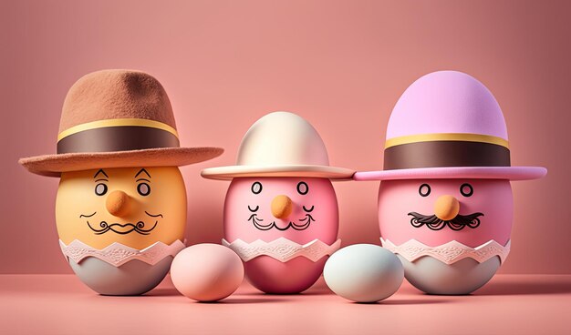 Uova di Pasqua dipinte con cappelli su sfondo color pastello