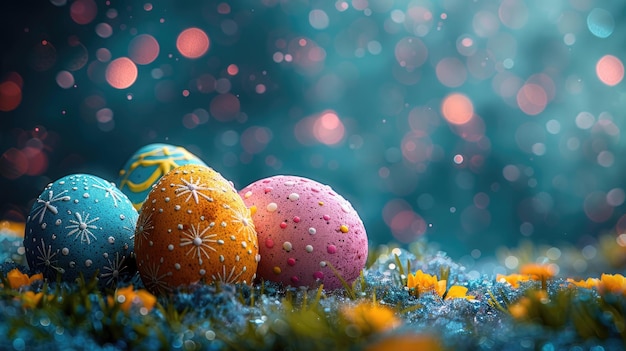 Uova di Pasqua dipinte con colori uova creative pysanky su sfondo oscuro sfocato Pittura spruzzi e vortici