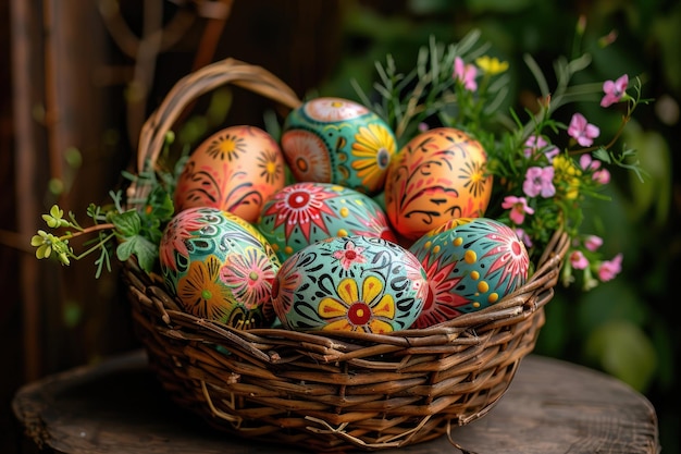 Uova di Pasqua dipinte in colori vivaci su un cesto Generative Ai