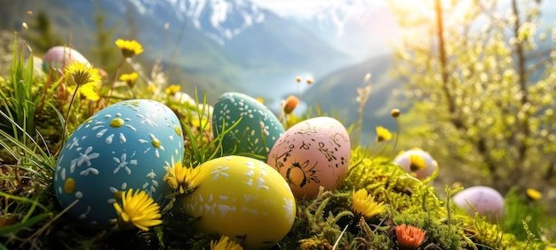 Uova di Pasqua dipinte in un campo di fiori selvatici di montagna