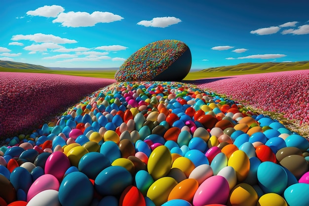 Uova di Pasqua dipinte multicolori di varie dimensioni su un campo con un cielo blu tra le nuvole AI generato