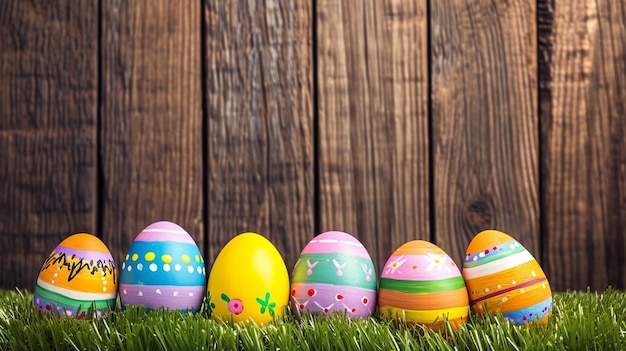 Uova di Pasqua dipinte sullo sfondo di una recinzione di legno d'erba