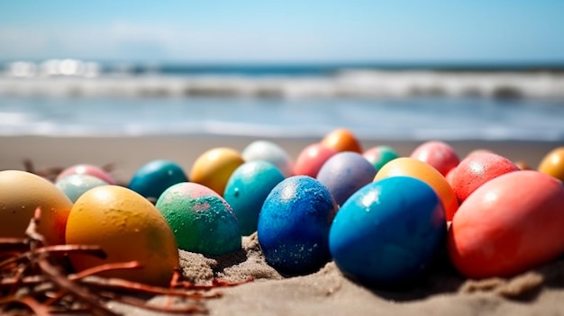 Uova di pasqua dipinte variopinte sulla spiaggia IA generativa