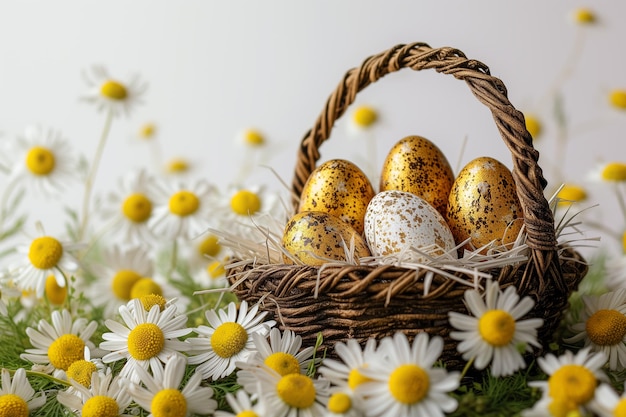 Uova di Pasqua dorate luccicanti in un cesto di paglia tra i fiori