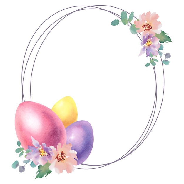 Uova di Pasqua e delicati fiori e foglie primaverili in una cornice rotonda Composizione di Pasqua con uova color pastello Illustrazione isolata ad acquerello dipinta a mano Un modello per le copertine delle carte natalizie