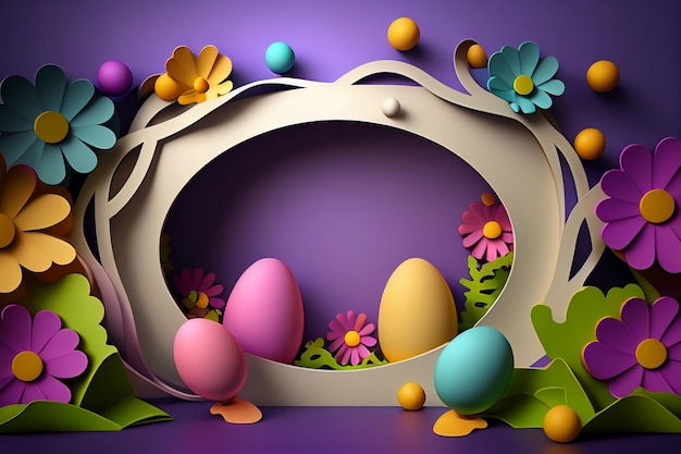 Uova di Pasqua e fiori Bordo decorativo della cornice con un biglietto d'auguri di spazio nero IA generativa