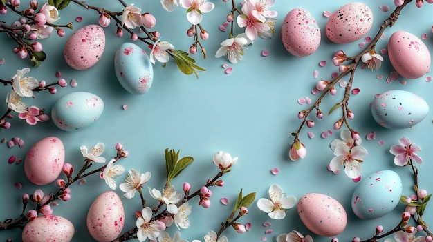 Uova di Pasqua e fiori cornice di decorazione su sfondo rosa copia spazio modello di biglietto di auguri