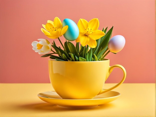 Uova di Pasqua e fiori di primavera in una tazza di tè su uno sfondo giallo concetto creativo di vacanza di Pasqua