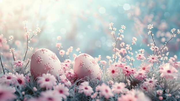 Uova di Pasqua e fiori di primavera su uno sfondo blu bokeh