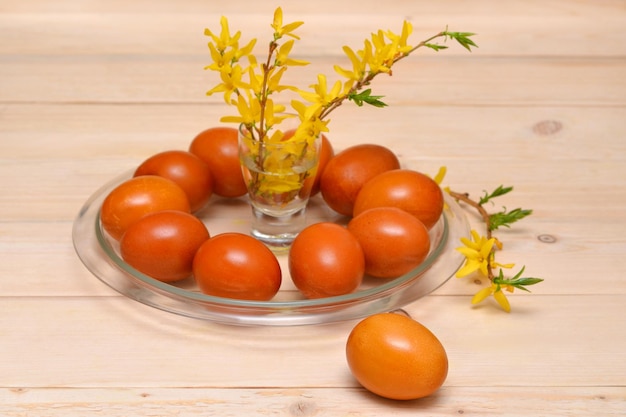 Uova di Pasqua e fiori gialli di forsizia sul tavolo