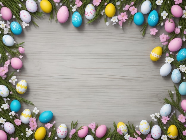 Uova di Pasqua e fiori su sfondo di legno Vista superiore con spazio di copia Vacanze di primavera e Pasqua