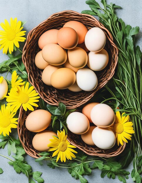 uova di Pasqua e fiori su un fondo di legno bianco