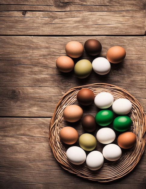 uova di Pasqua e fiori su un fondo di legno bianco