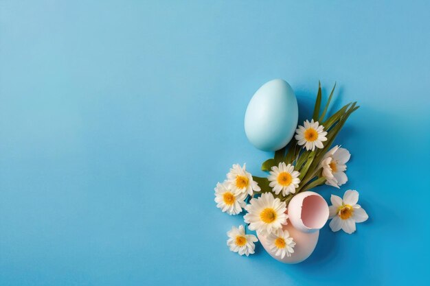 Uova di Pasqua e fiori su uno sfondo blu Concetto minimale di Pasqua Vista superiore spazio di copia Pasqua