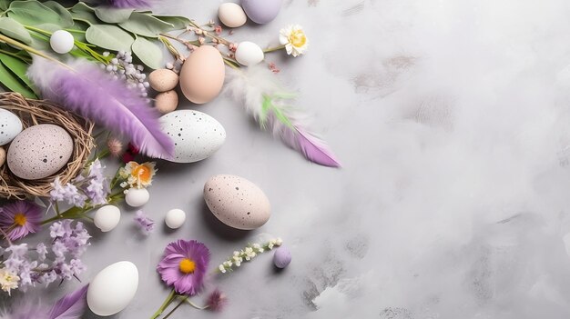 Uova di Pasqua e fiori su uno sfondo grigio