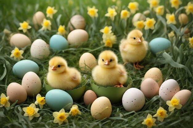 Uova di Pasqua e polli gialli nell'erba verde con narcisi