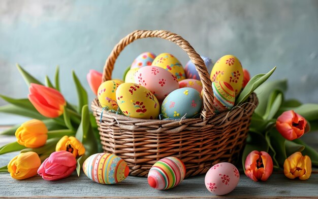 Uova di Pasqua e tulipani disposti in un cesto di vimini