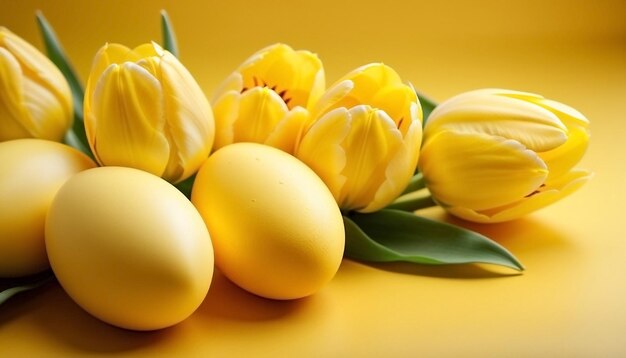 Uova di Pasqua e tulipani su sfondo giallo modello di Felice Pasqua Banner generato da AI