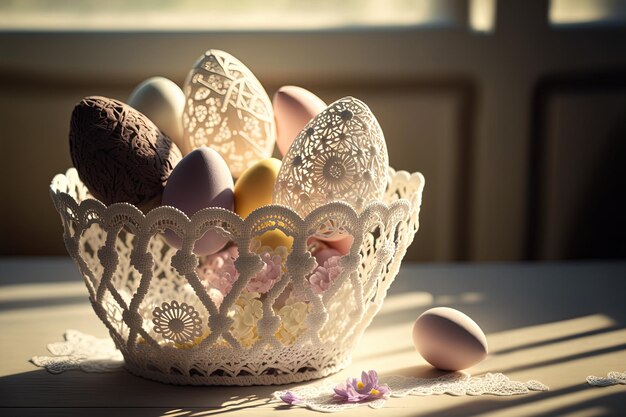 Uova di Pasqua fatte a mano con disegno floreale in pizzo bianco sul tavolo AI