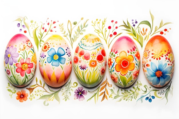 Uova di Pasqua in acquerello adornate con disegni floreali vivaci su uno sfondo bianco Concept Acquerello di Pasqua Pittura di disegni fioriti Colori vivaci Decorazione primaverile