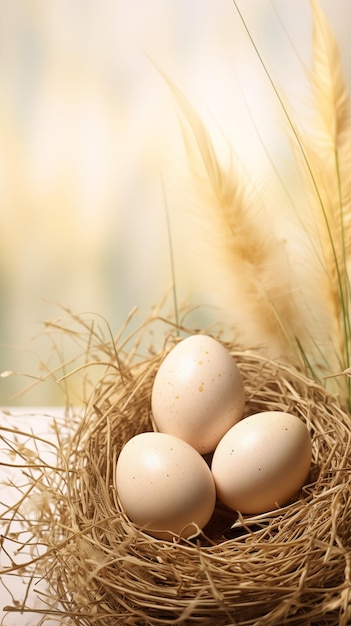 Uova di Pasqua in nido di paglia con luce morbida carta d'onore di Pasqua sfondo carta da parati per telefono