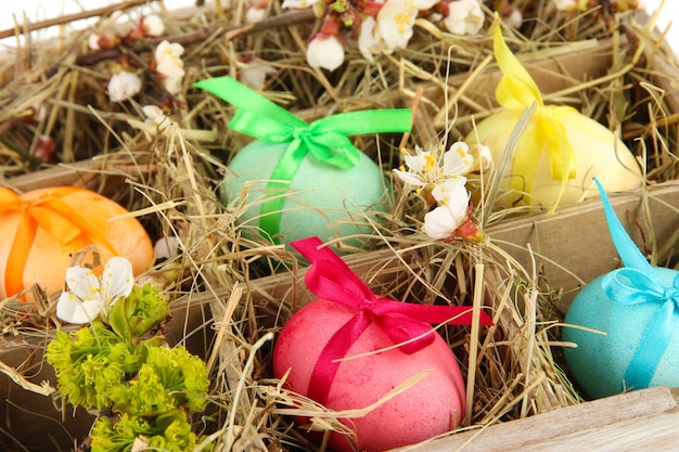 Uova di Pasqua in scatola di legno con il primo piano del fieno