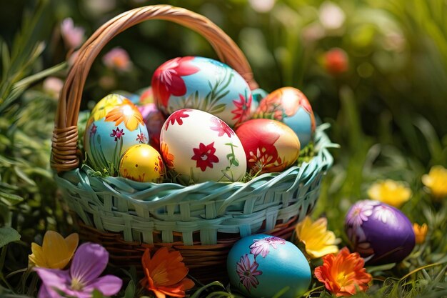 Uova di Pasqua in un bellissimo cesto uova multicolori con disegni floreali sullo sfondo dell'erba verde