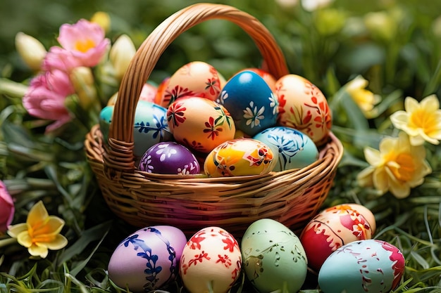 Uova di Pasqua in un bellissimo cesto uova multicolori con disegni floreali sullo sfondo dell'erba verde