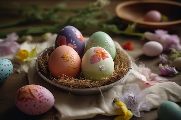 Uova di Pasqua in un cesto con fiori in cima