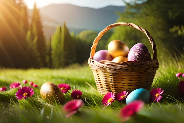 uova di Pasqua in un cesto con una vista sulla montagna sullo sfondo.