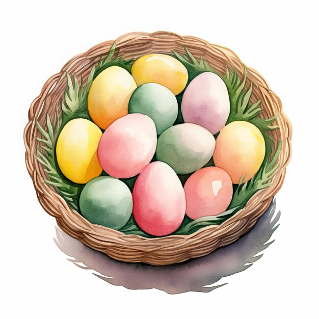 Uova di Pasqua in un cesto su sfondo bianco Illustrazione ad acquerello