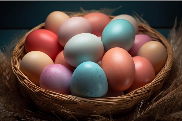 Uova di Pasqua in un cesto su un tavolo di legno con un tovagliolo rosso